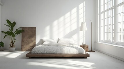 A modern bedroom with a white bed on a wooden platform frame. The room is bathed in natural light from large windows