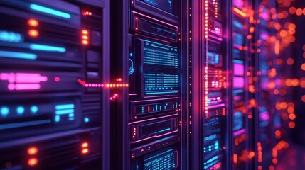 Obraz premium Server racks in a data center, showcasing vibrant lights and digital connections for data storage and processing.