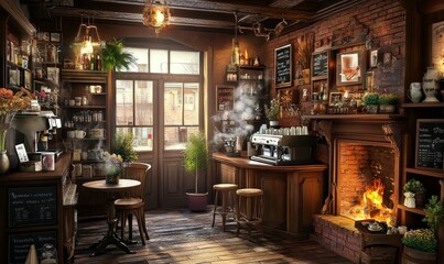 Fototapeta premium Cozy cafe with fireplace, coffee machine, and window.