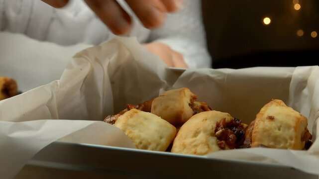 Hand takes Italian Fig Cookies Cucidati from a pan against the background of Christmas light strings, buccellati, traditional sicilian pastry. High quality 4k footage