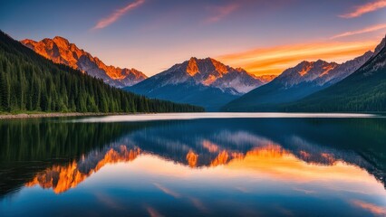 Fototapeta premium A serene lake reflecting majestic mountains under a colorful sunset sky.