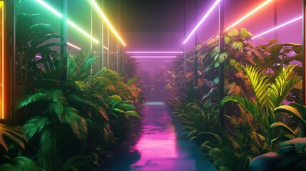 Vibrant indoor garden with tropical plants illuminated by colorful neon lights, creating a futuristic and lush environment.