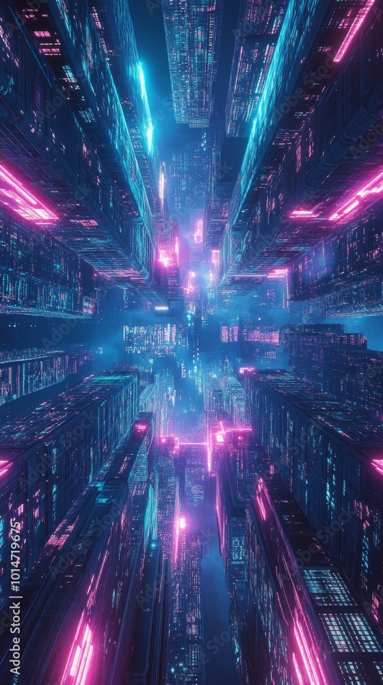 Poster layout pattern featuring futuristic skyscrapers with neon lights, creating a symmetrical design.