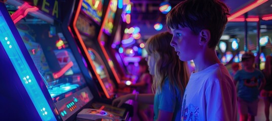 Obraz premium 90s Arcade Birthday Party with Kids Playing Classic Games Under Neon Lights