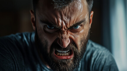 Close up Angry Man Portrait Beard Facial Expression