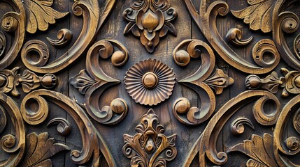 Detailed close-up of an ornate wooden carving featuring floral and geometric designs on an antique door, showcasing craftsmanship and artistry.