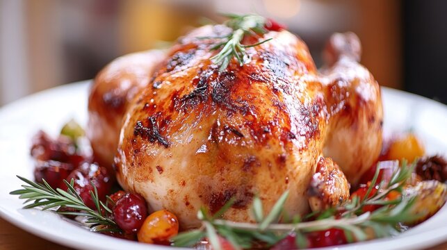 Close-up of a beautifully cooked Thanksgiving turkey surrounded by seasonal sides, ready for the big family feast.