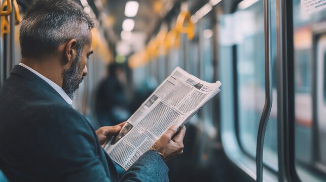 A mature man in a suit reading a newspaper while riding the train.