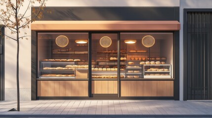 Obraz premium Contemporary bakery shop front with a display of freshly baked bread and pastries, highlighted by warm lighting and a minimalist exterior design.