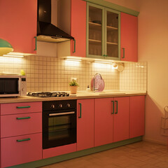 Fototapeta premium Retro Pink Kitchen Interior with Colorful Cabinets and Modern Appliances