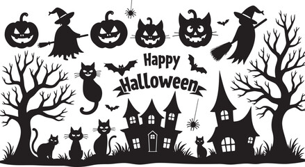 Happy Halloween set of black silhouettes isolated on a white background. Vector illustration