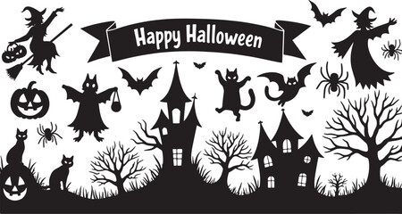 Happy Halloween set of black silhouettes isolated on a white background. Vector illustration