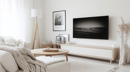 A living room with a white couch, fluffy blankets, a coffee table, a large TV, and a white entertainment center