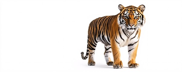 Regal tiger stands and gazes ahead against a white backdrop