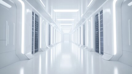 Obraz premium Data center server room with a sterile white environment, neatly organized servers and cables, bright, well-lit space.