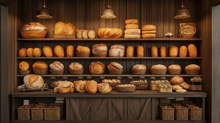 Fototapeta premium A rustic bakery featuring a display of fresh bread loaves arranged on wooden shelves. The warm lighting highlights the texture and golden crusts of the artisanal breads, creating a cozy ambiance.