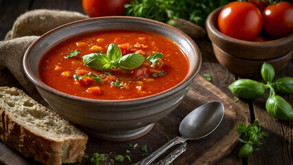 tomato soup in a bowl on a wooden table