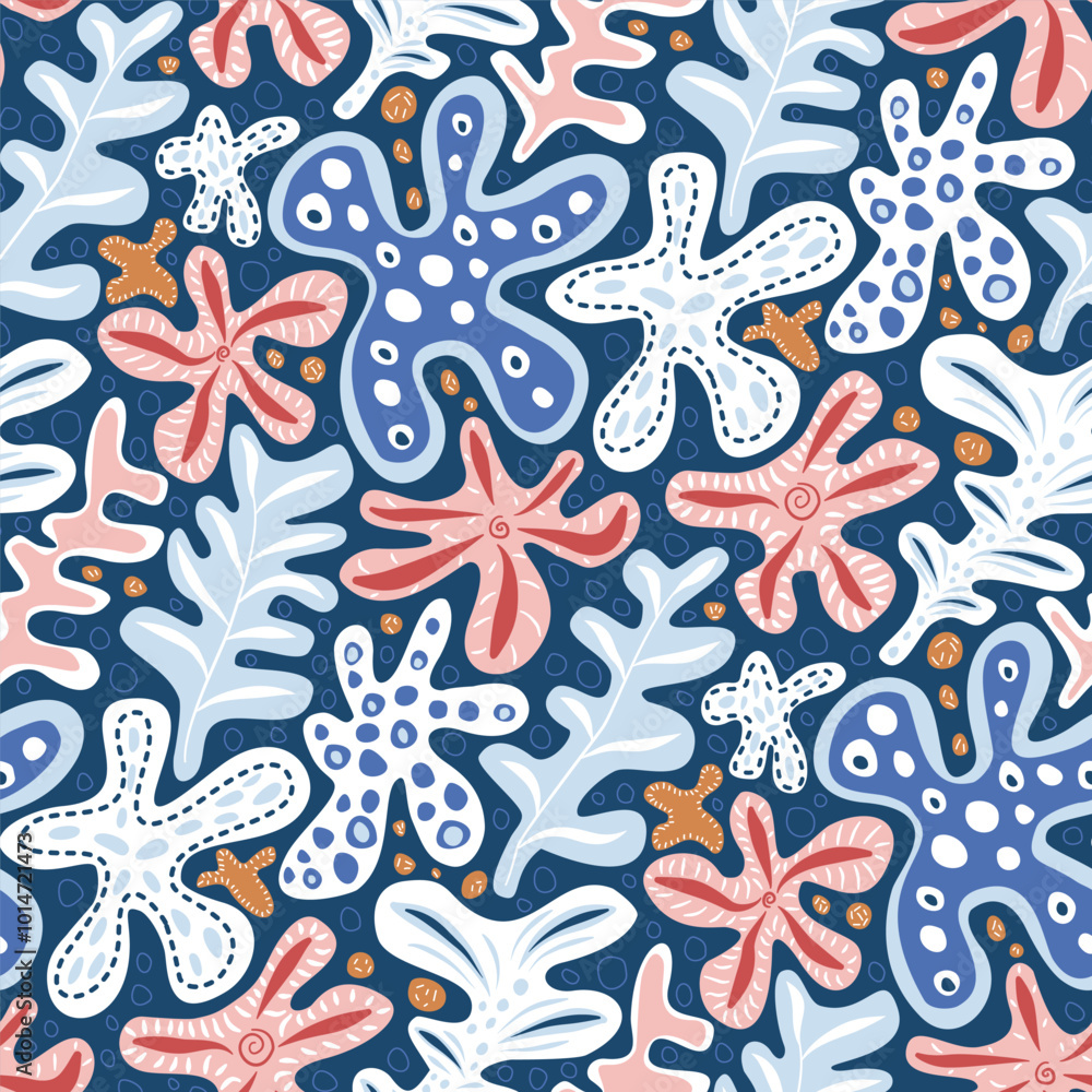 Poster abstract organic seamless pattern. boho style endless background. folk repeat cover. blue and red co
