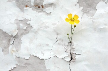 A small flower grows through the crack in an old white wall, symbolizing hope and resilience amidst the darkness