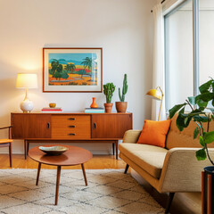 Mid-Century Modern Living Room with Stylish Wooden Furniture and Retro D�cor