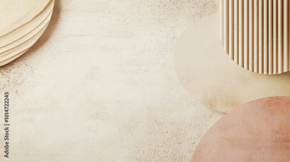 Aufkleber geometric shapes in soft beige tones on a textured background with a large area of empty space.
