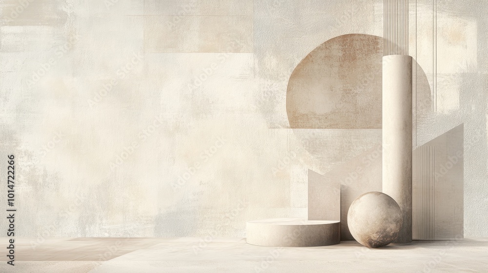 Aufkleber geometric shapes in soft beige tones on a textured background with a large area of empty space.