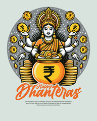 Happy Dhanteras and Dhanatrayodashi Social Media Post Template, Goddes Laxmi, Lakshmi maa, with golden coins