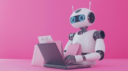 3D illustration of a futuristic robot using a laptop surrounded by pink shopping bags. Ideal for concepts of online shopping, technology, and e-commerce innovation.