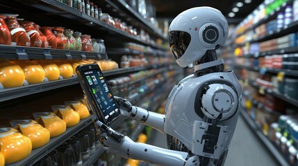 Fototapeta premium Futuristic robot using a tablet to manage inventory in a grocery store. Perfect for concepts of retail automation, robotics, and advanced technology in shopping.