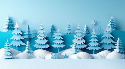Obraz premium Snowy paper forest with snowflakes on blue background A scenic winter landscape made of paper trees and snowflakes on a blue backdrop, symbolizing a peaceful holiday atmosphere