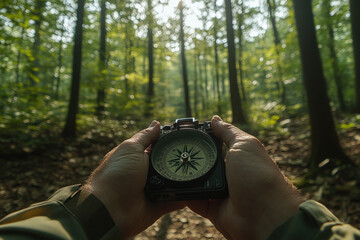 Naklejka premium Navigating Through Morning Forest with Compass. Hands holding a compass in a dense forest during a morning hike, using natural light for direction and exploration.Keywords: 
