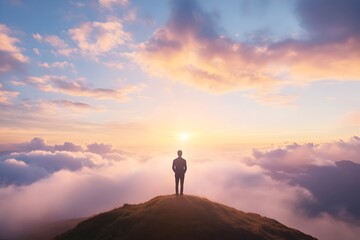 Fototapeta premium Silhouetted figure standing on a hill gazing into the majestic dreamlike landscape at sunset or sunrise
