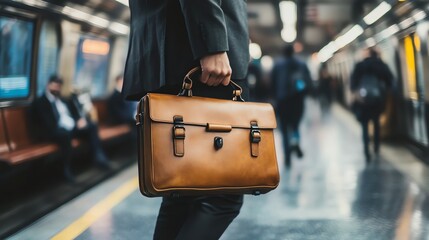 Fototapeta premium A man in a suit carries a leather briefcase as he stands on a subway platform.
