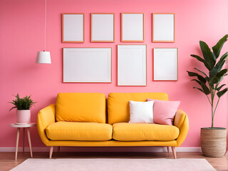 Cozy yellow sofa and blank frames near pink wall