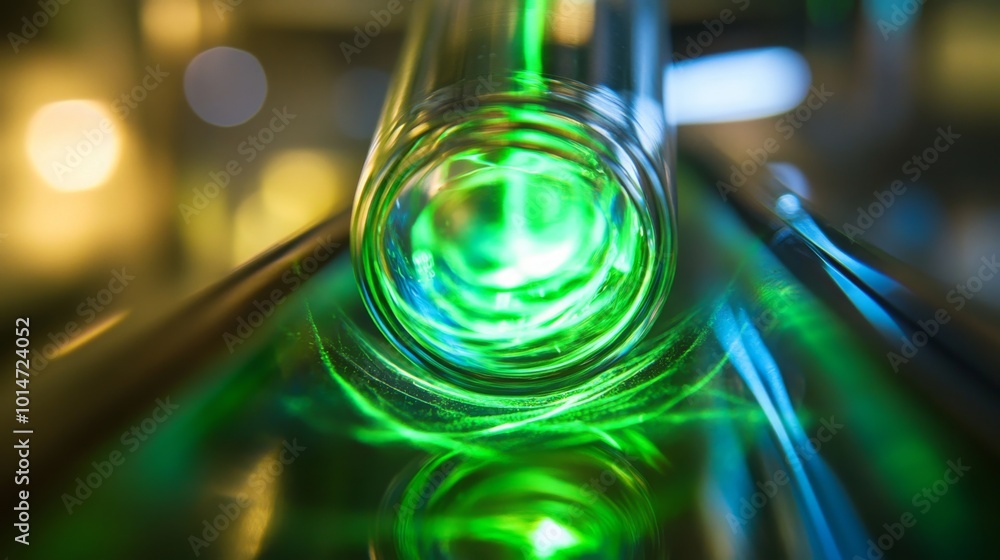 Poster a vibrant green light travels through a transparent glass tube placed in a dimly lit laboratory. the