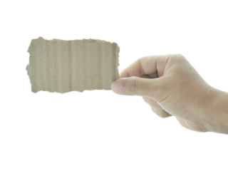 Female hand holding blank note paper isolated on transparent background.