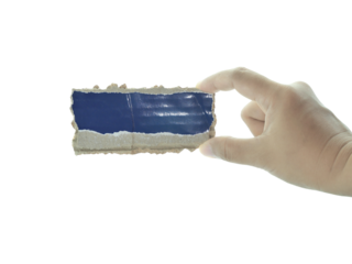 Female hand holding blank note paper isolated on transparent background.