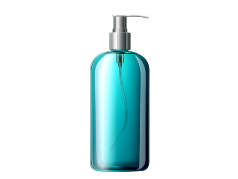 A realistic bottle of hand sanitizer with a pump top on a transparent background.


