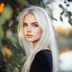 Naklejka premium Soft autumn light illuminates a young woman with long, flowing silver hair by a tranquil lake