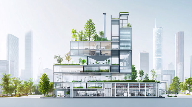 Modern Glass Office Building With Interior Design and Green Roofs - Cross Section View