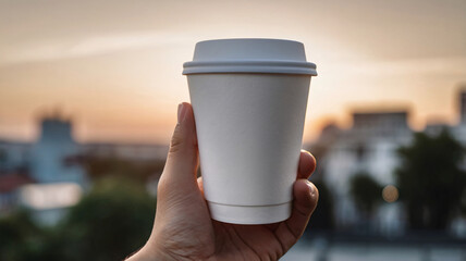 A hand holding blank white take away paper cup of coffee on blurred street background for copy space of mock up, 3D rendering, & photo. 