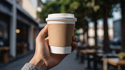 A hand holding white take away paper cup of coffee with blank coffee sleeve on blurred street background for copy space of mock up, 3D rendering, & photo. 
