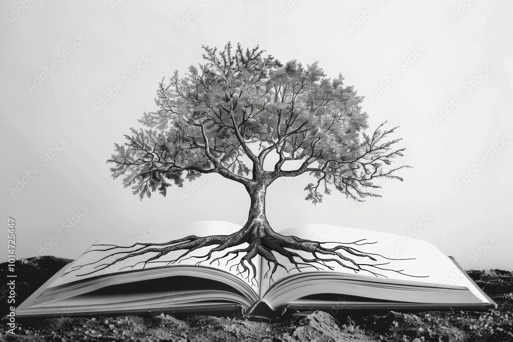 Canvas Prints Simple line drawing of a tree with roots in a book.