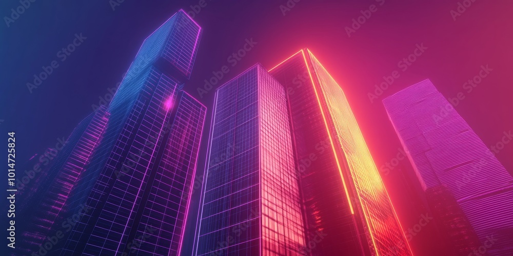 Wall mural Simplified representation of a futuristic skyscraper with neon accents, in a minimal style.