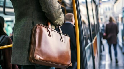 A businessman with a leather briefcase is getting off a bus.