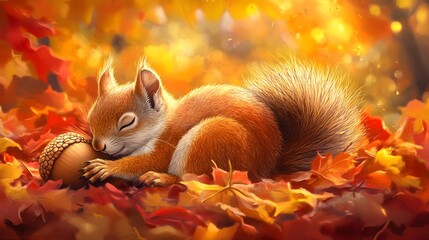 A cute squirrel sleeping in an acorn, surrounded by autumn leaves