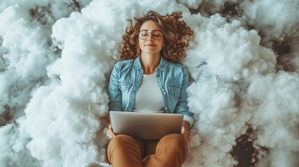 A woman in casual attire lies comfortably on cloud-like cushions, working or relaxing with a laptop, symbolizing cloud computing.
