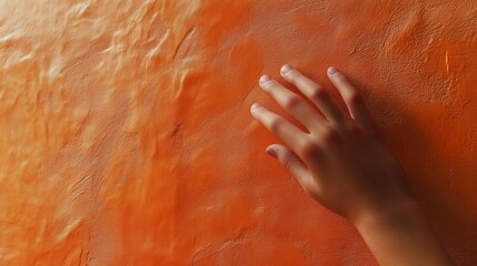 A hand gently touches an orange textured wall, conveying sensory experience and tactile engagement in a minimalist setting.