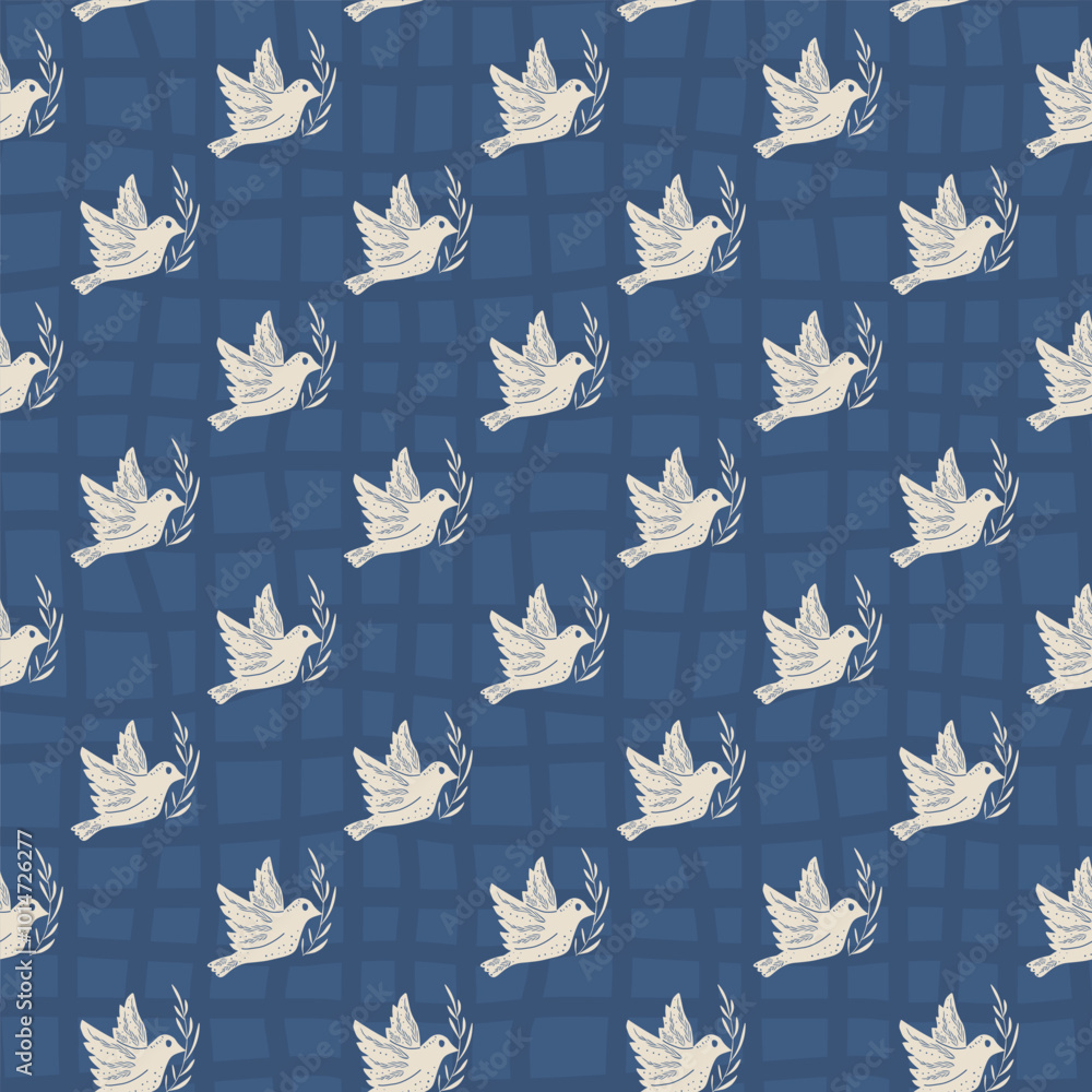 Poster dove of peace seamless pattern. blue calm endless background with bird and olive branch on checked c