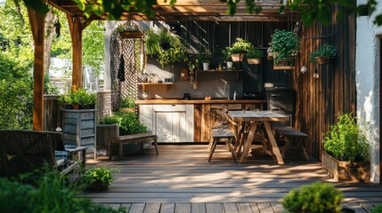 Fototapeta premium A serene outdoor kitchen and dining area surrounded by greenery.